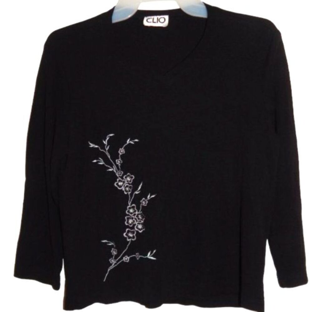 Clio women’s medium black 90s vintage floral embroidered 3/4 sleeve blouse